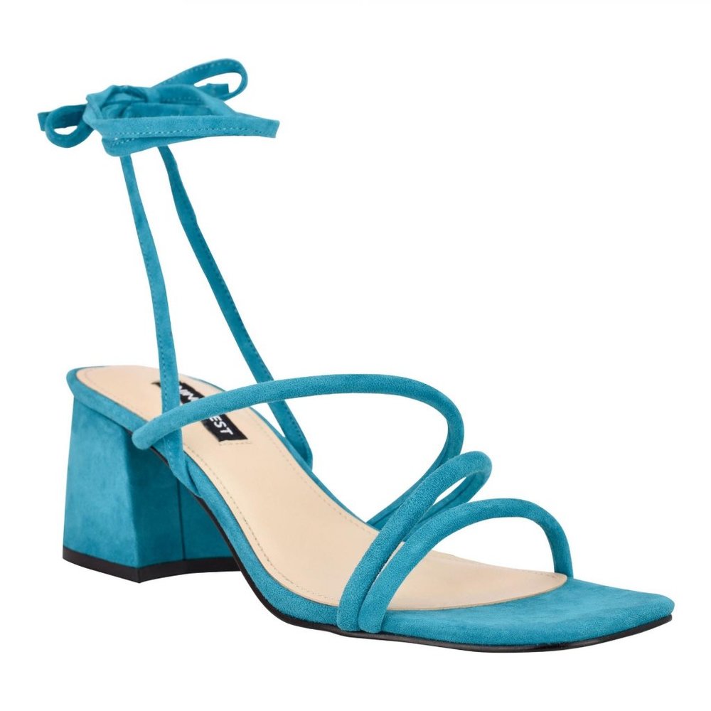 Nine West - Women's Gorg Ankle Wrap Block Heel Sandals Teal Suede Size: 10